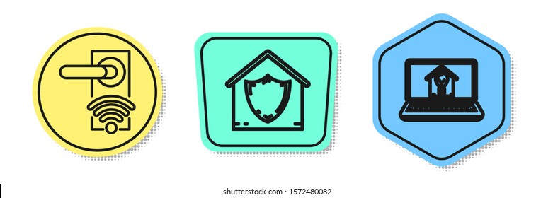 Set line Digital door lock with wireless technology for unlock, House under protection and Laptop with smart house and light bulb. Colored shapes. Vector