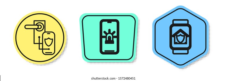 Set line Digital door lock with wireless technology for lock, Mobile phone with smart house and alarm and Smart watch with house under protection. Colored shapes. Vector