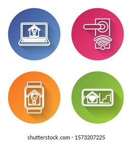Set line Digital door lock with wireless technology for unlock, Smart watch with smart house and light bulb and Mobile phone with smart home with wi-fi. Color circle button. Vector