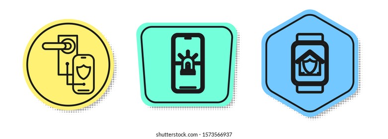 Set line Digital door lock with wireless technology for lock, Mobile phone with smart house and alarm and Smart watch with house under protection. Colored shapes. Vector