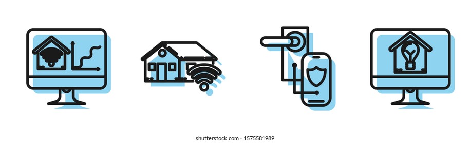 Set line Digital door lock with wireless technology for lock, Computer monitor with smart home with wi-fi, Smart home with wi-fi and Computer monitor with smart house and light bulb icon. Vector