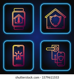 Set line Digital door lock with wireless technology for lock, Mobile phone with smart house and alarm, Smart watch with house temperature and House under protection. Gradient color icons. Vector