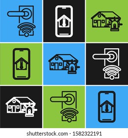Set line Digital door lock with wireless technology for unlock, Smart house and alarm and Mobile phone with house temperature icon. Vector