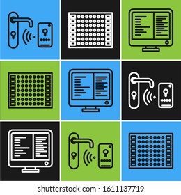 Set line Digital door lock with wireless technology for unlock, Computer monitor screen and Printed circuit board PCB icon. Vector