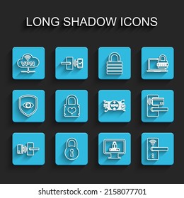 Fijar la línea Bloqueo de puerta digital con conexión inalámbrica, bloqueo, conexión en la nube de red VPN, contraseña del monitor, corazón de Padlock e icono de circuito de microchip. Vector