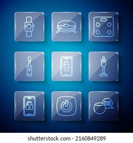 Set line Digital door lock, Smart home, Voice assistant, bathroom scales, Smartphone battery charge, Electric toothbrush, with smart watch and Vacuum cleaner icon. Vector