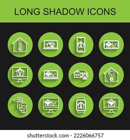 Set line Digital door lock with wireless technology for lock, Computer monitor smart home wi-fi, House temperature, Smart watch house, Laptop, and light bulb and alarm icon. Vector