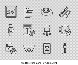 Fijar línea Bloqueo digital de puertas, Limpiador de vacío, Sensor de agua, Movimiento, Termostato, Máquina de café inteligente e icono. Vector