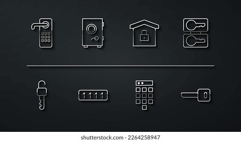 Fijar línea Bloqueo de puerta digital, tecla Desbloqueada, teclas de conversión, Protección de contraseña, Seguro, Tecla y Casa bajo icono. Vector