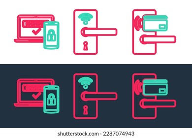 Fijar la línea Bloqueo de puerta digital con acceso inalámbrico, dos pasos de autenticación e icono. Vector