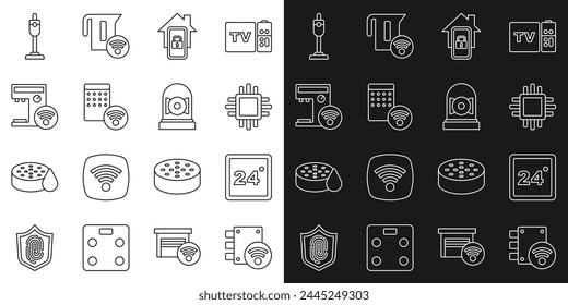 Set line Digital door lock, Thermostat, Processor with CPU, Mobile smart home, Air humidifier, Smart coffee machine, Vacuum cleaner and Ringing alarm bell icon. Vector