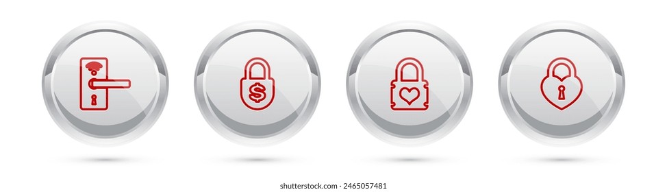 Set line Digital door lock with wireless, Money, Padlock heart and Castle in the shape of. Silver circle button. Vector