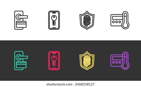 Set line Digital door lock, Smart key, Fingerprint and Thermostat on black and white. Vector