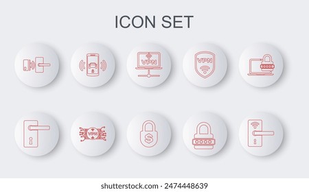 Set line Digital door lock with wireless, Door handle, VPN Computer network, Password protection, Smart car alarm system, microchip circuit and Money icon. Vector