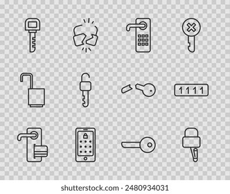 Set line Digital door lock, Lock picks for picking, Mobile and graphic password, Key, Unlocked key,  and Password protection icon. Vector