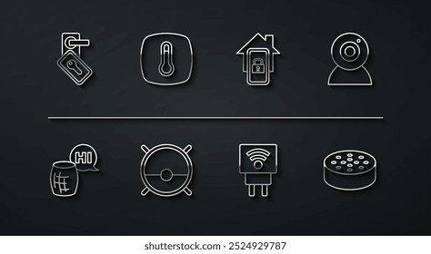 Set line Digital door lock, Voice assistant, Web camera, Smart electric plug, Robot vacuum cleaner, Thermostat, Water sensor and Mobile with smart home icon. Vector