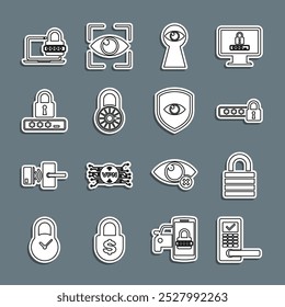 Set line Digital door lock with wireless, Lock, Password protection, Keyhole eye, Safe combination wheel, Laptop password and Shield and icon. Vector