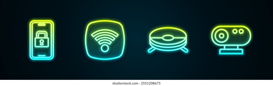 Set line Digital door lock, Wi-Fi wireless internet network, Robot vacuum cleaner and Web camera. Glowing neon icon. Vector