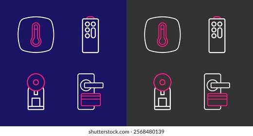 Set line Digital door lock, Smart coffee machine, Remote control and Thermostat icon. Vector