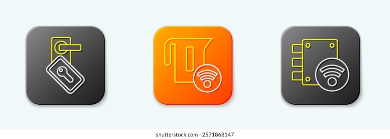Set line Digital door lock, Smart electric kettle and  icon. Vector