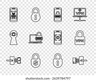 Set line Digital door lock with wireless, Mobile and password, Money, face recognition, Laptop, Lock and VPN icon. Vector