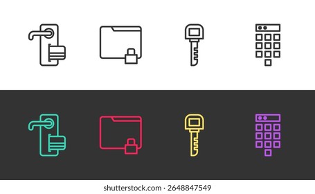 Set line Digital door lock, Folder and, Key and Password protection on black and white. Vector