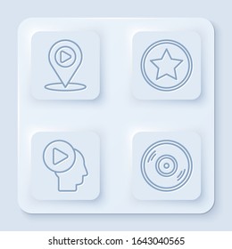 Set line Digital media play with location, Star, Head people with play button and Vinyl disk. White square button. Vector