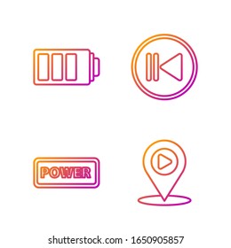 Set line Digital media play with location, Power button, Battery charge level indicator and Rewind. Gradient color icons. Vector