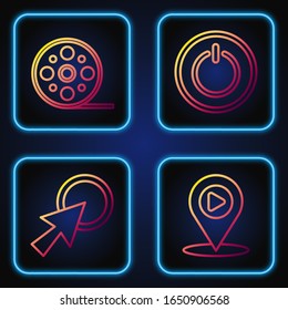 Set line Digital media play with location, Arrow cursor, Film reel and Power button. Gradient color icons. Vector