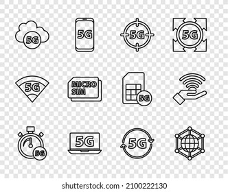 Set Line Digital Speed Meter 5G, Social Network, Laptop mit, Cloud, Micro Sim Card und Symbol. Vektorgrafik