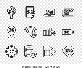 Fijar línea Medidor de velocidad digital 5G, Teléfono con red, Laptop, Servidor, Antena, Ajuste de tarjeta Sim e icono de módem. Vector