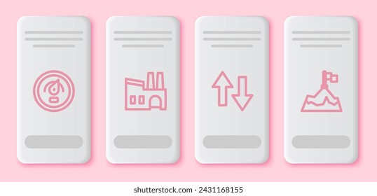 Set line Digital speed meter, Factory, Arrow and Mountains with flag. White rectangle button. Vector