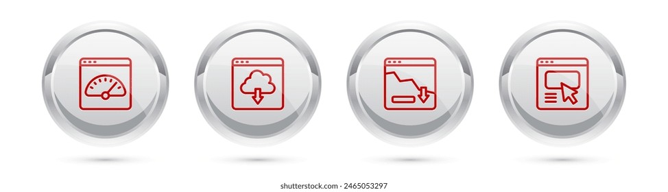 Set line Digital speed meter, Cloud download, Financial growth decrease and UI or UX design. Silver circle button. Vector