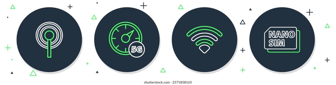 Set line Digital speed meter 5G, Wi-Fi wireless network, Antenna and Nano Sim Card icon. Vector