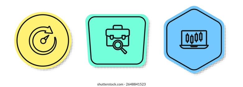 Set line Digital speed meter, Work search and Stocks market growth graphs. Colored shapes. Vector