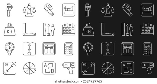 Definir linha Termômetro digital, Calculadora, Calendário, Fita de medição, Régua de canto, Peso, Caliper caliper e ícone de escala e altura do corpo. Vetor