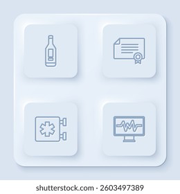 Set line Digital thermometer, Certificate template, Emergency - Star of Life and Monitor with cardiogram. White square button. Vector