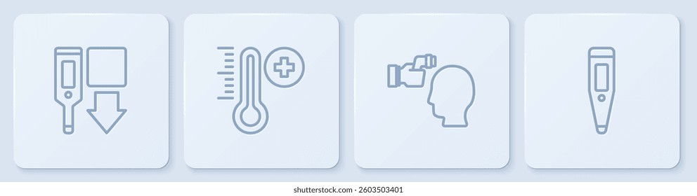Set line Digital thermometer, Checking body temperature, Meteorology and . White square button. Vector
