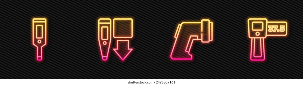 Einstellung des Digital-Leitungsthermometers, und . Leuchtendes Neon-Symbol. Vektorgrafik