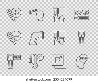 Set line Digital thermometer, High human body temperature, Meteorology, Medical, Fahrenheit and  icon. Vector