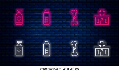 Set line Digital thermometer, Human broken bone, Antibacterial soap and Hospital building. Glowing neon icon on brick wall. Vector