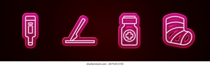 Set line Digital thermometer, Medical surgery scalpel, Medicine bottle and pills and Gypsum. Glowing neon icon. Vector