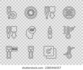 Set line Digital thermometer, Meteorology, High human body temperature, Celsius and  icon. Vector