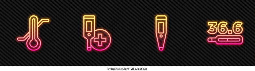 Termómetro digital, meteorología y medicina. Icono de neón brillante. Vector