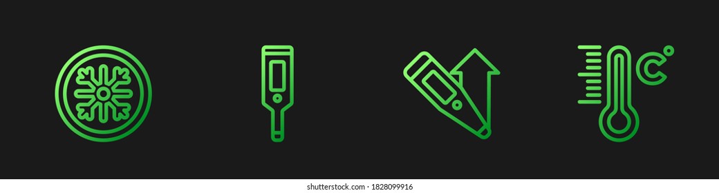 Set line Digital thermometer, Snowflake,  and Meteorology. Gradient color icons. Vector