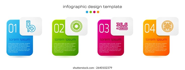 Set line Digital thermometer, Sun, Medical and Snowflake. Business infographic template. Vector