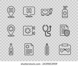 Set line Digital thermometer, X-ray shots with broken bone, Ultrasound, Patient record, Location hospital, Emergency Star of Life, Medical and  icon. Vector