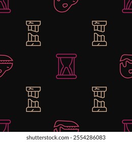 Set line Dinosaur skull, Broken ancient column and Old hourglass with sand on seamless pattern. Vector