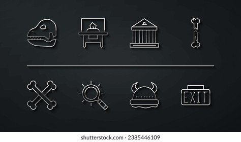 Set line Dinosaur skull, Crossed human bones, Human broken, Viking horned helmet, Magnifying glass, Glass showcase for exhibit, Exit sign and Museum building icon. Vector