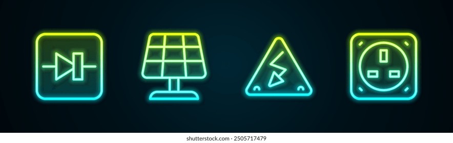 Set-Line-Diode in elektronischer Schaltung, Solar-Panel, Hochspannung und Steckdose. Leuchtendes Neonsymbol. Vektorgrafik